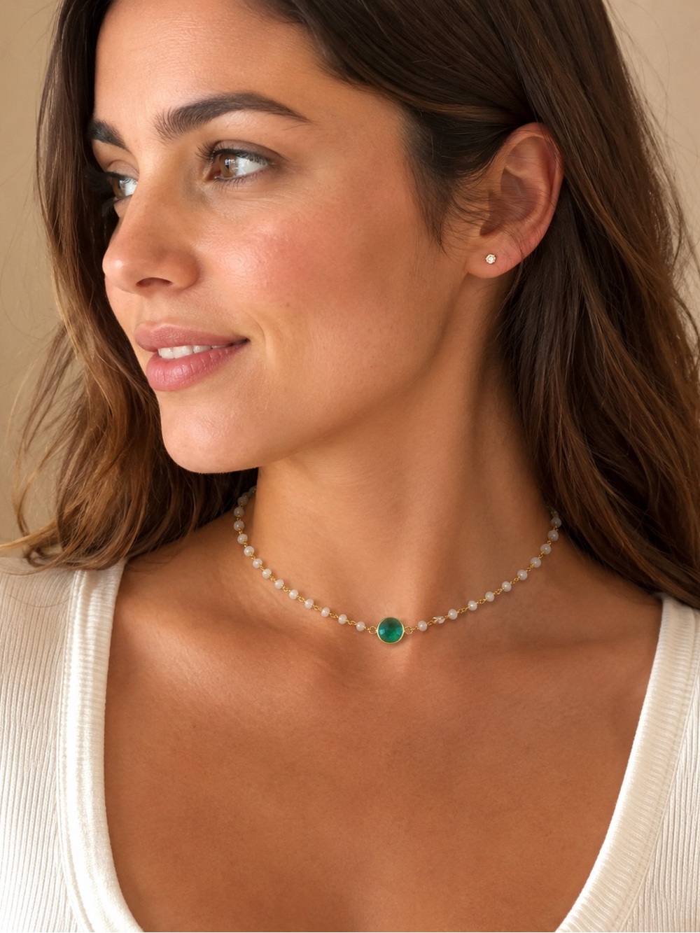 Gold Pearl Choker Necklace with teal Green Stone - OOAK